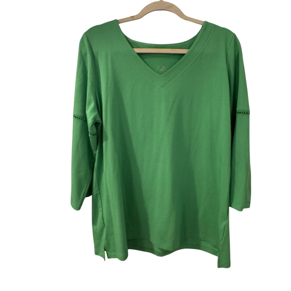 Belle France Green Women's Size L Long Sleeve‎ Shirt slinky Liquid Knit
